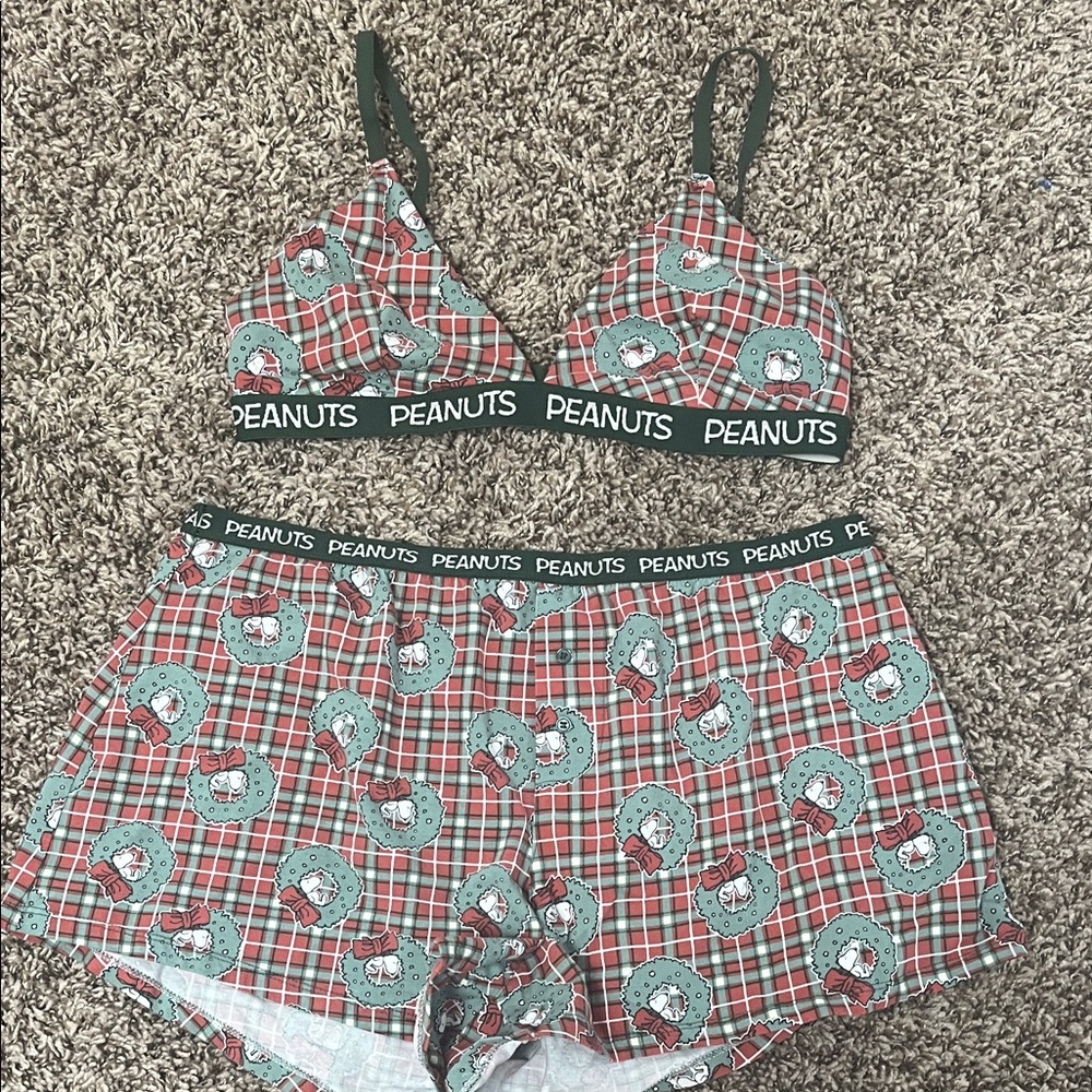 Peanuts Women's Plaid Bralette and Shorts Set - Green and Red